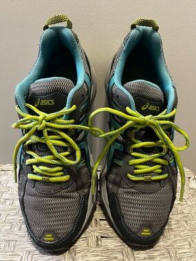 ASICS Women 8.5 GEL CONTEND 5 Trail Running Shoe Gray Teal Neon Yellow